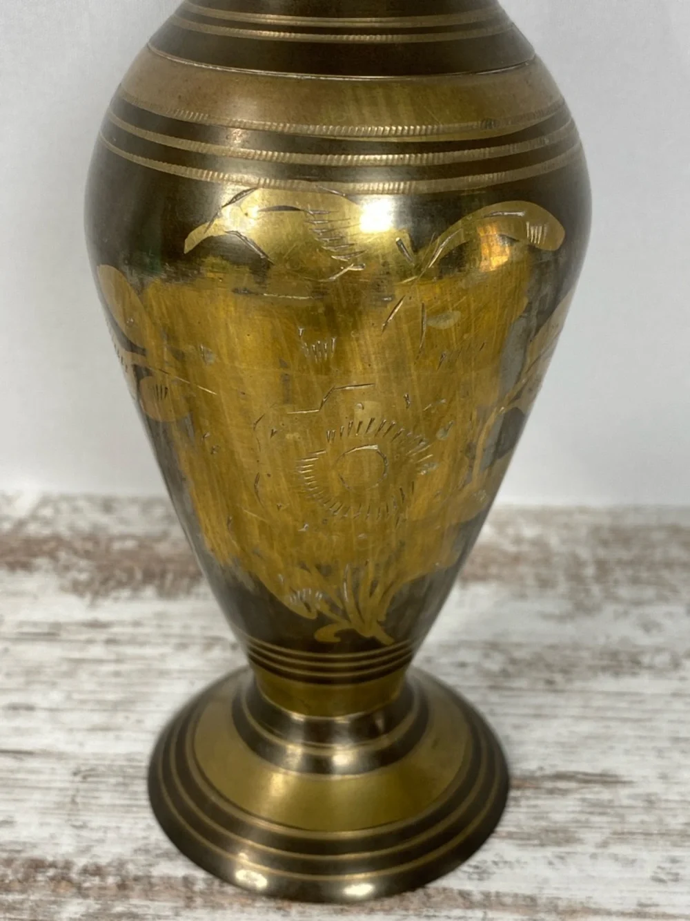 Vintage Brass Vase Etched Floral Made in India Patina Distressed 8”